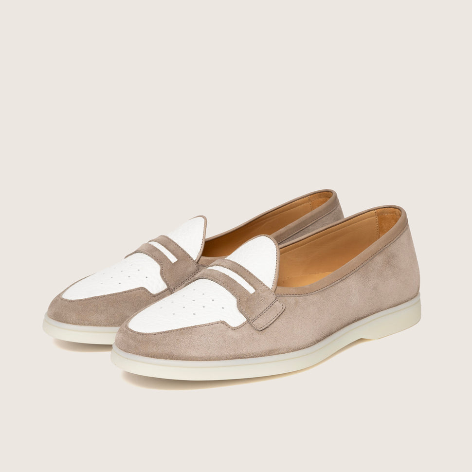 Hand crafted loafer Touquet by Timothee Paris featuring natural rubber sole and smooth suede in taupe quarter photo