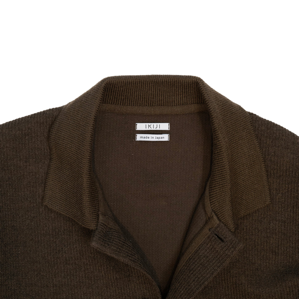 Japanese craftsmanship brand Ikiji Navy wool Overshirt cardigan jacket close up