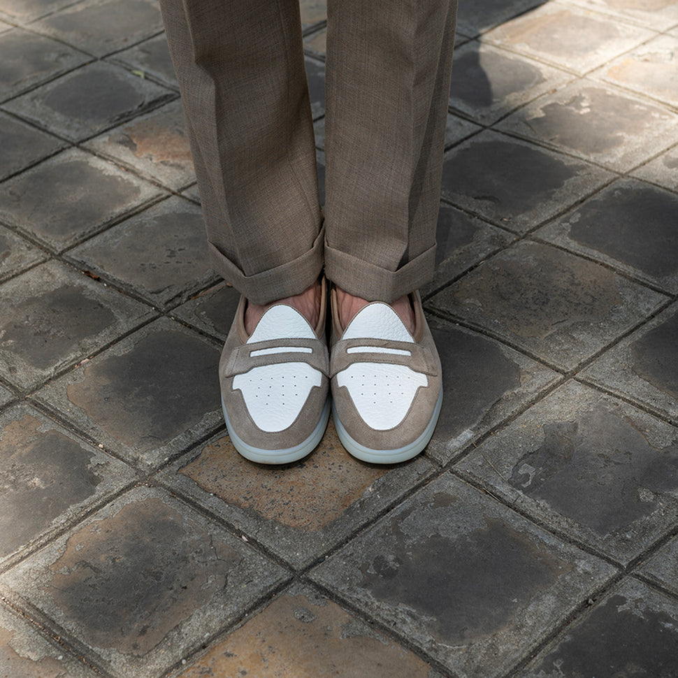 Handcrafted Touquet loafer by French brand Timothée Paris in taupe suede and white leather