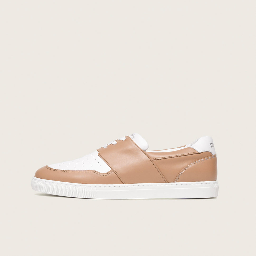 French shoe brand timothee paris sneaker pyla bi color white and tan profile photo