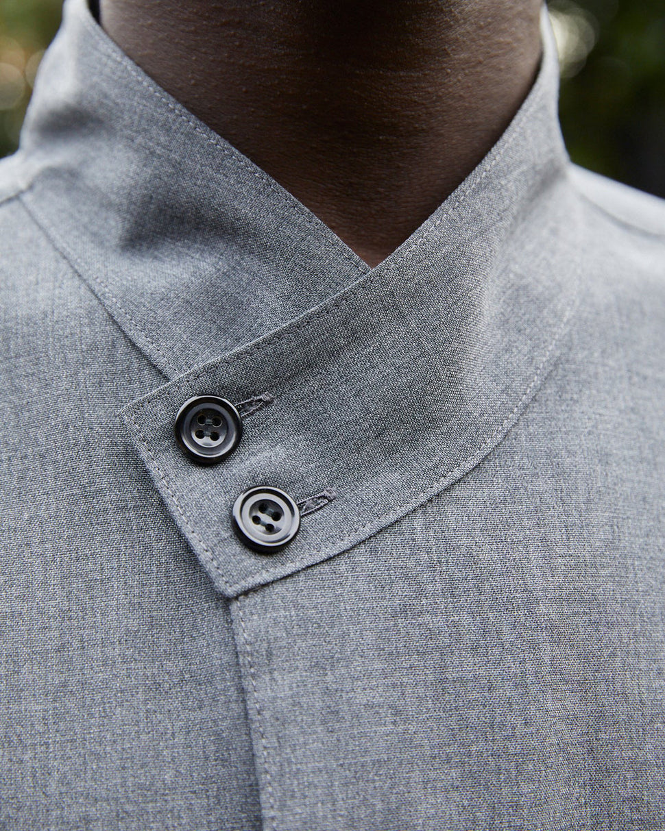 Japanese brand IKIJI Iconic wool drizzler jacket Grey colour Kimono style close up buttons