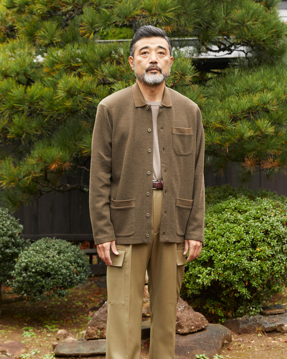 Japanese brand IKIJI cardigan wool cotton jacket olive green with beige wool cargo pants image photo